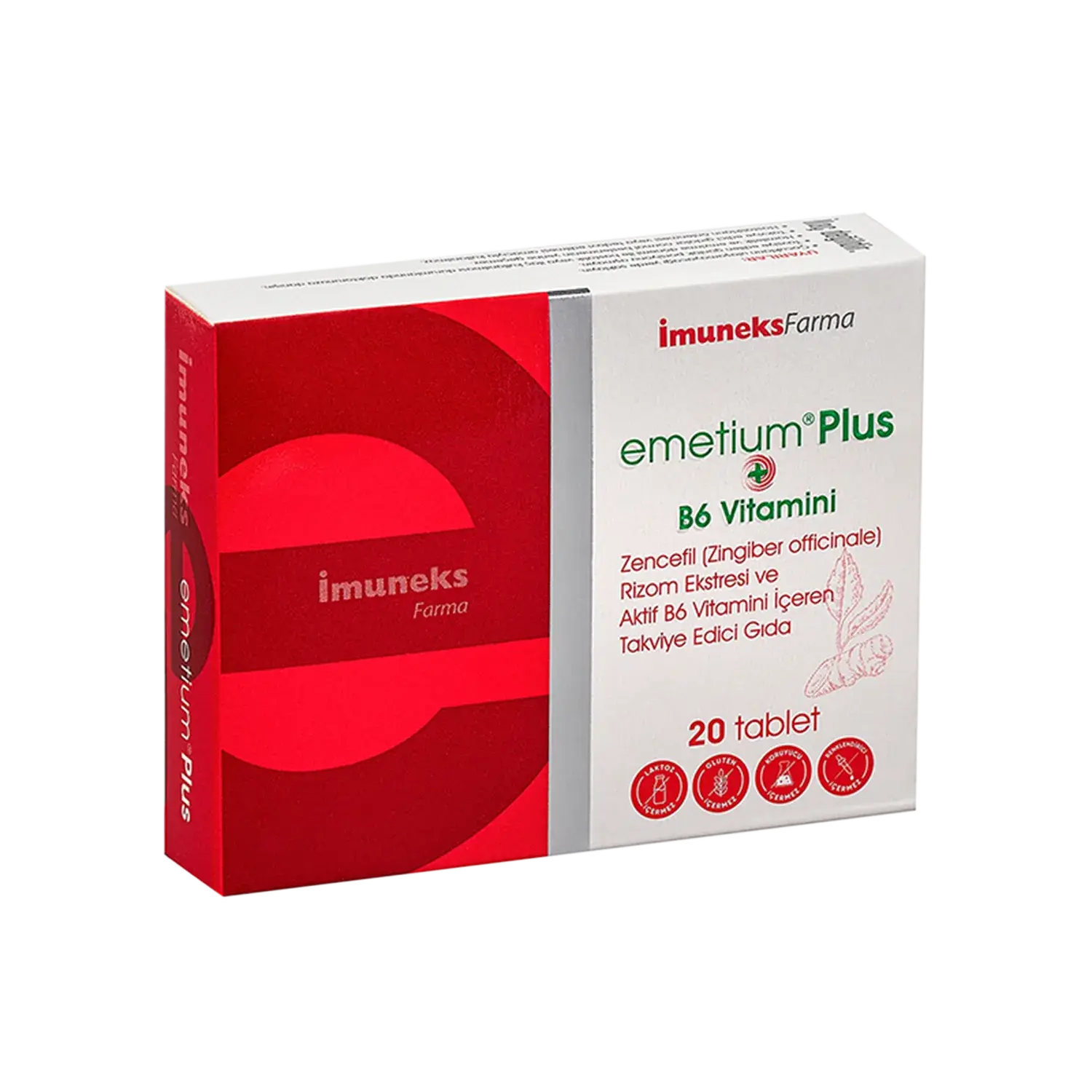 Imuneks Farma Emetium Plus Zencefil (Zingiber Officinale) Rizom Ekstresi ve Aktif B6 Vitamini Içeren Takviye Edici Gıda 20 Tablet