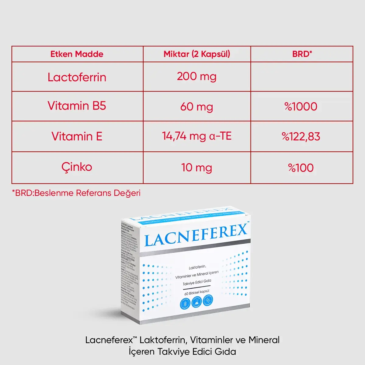 LACNEFEREX LAKTOFERRIN, VITAMINLER VE MINERAL ICEREN TAKVIYE EDICI GIDA 60 kapsül