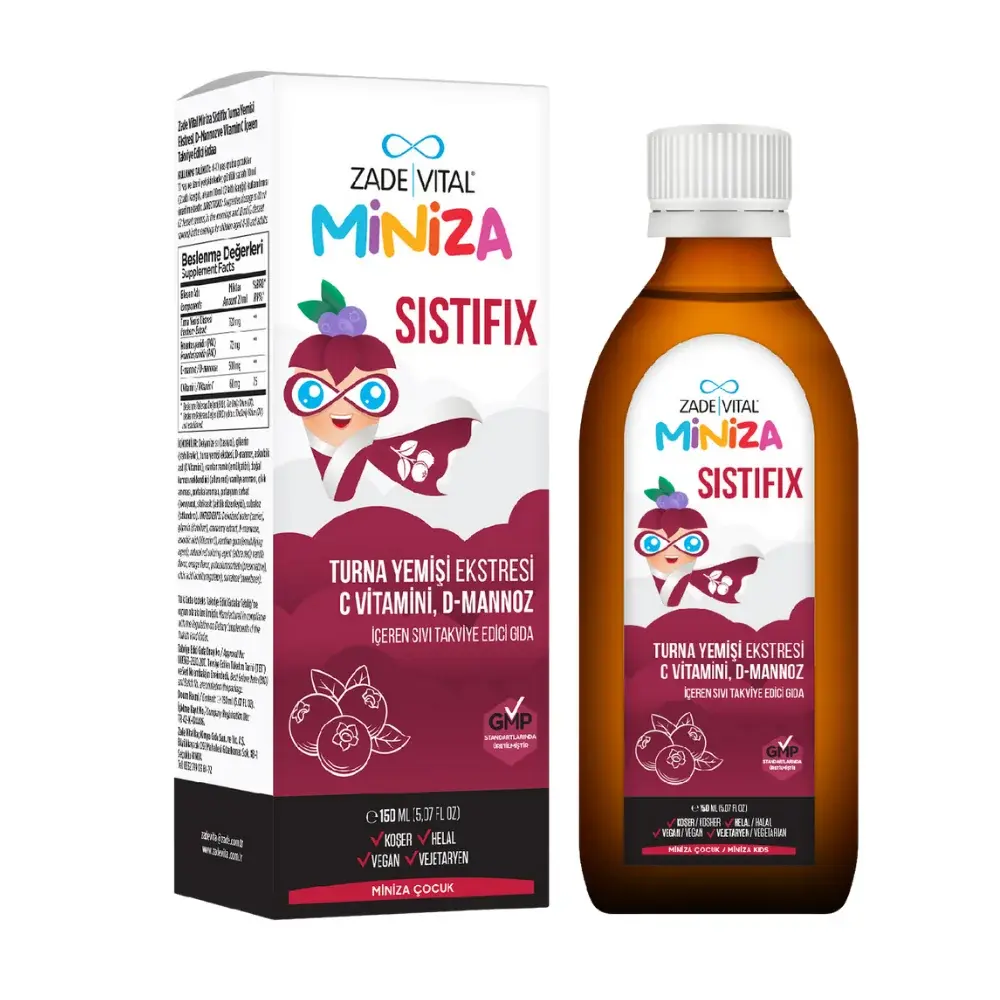 ZADE VITAL MINIZA SISTIFIX TURNA YEMISI EKSTRESI, C VITAMINI VE D-MANNOZ ICEREN SIVI TAKVIYE EDICI GIDA 150 ml şişe