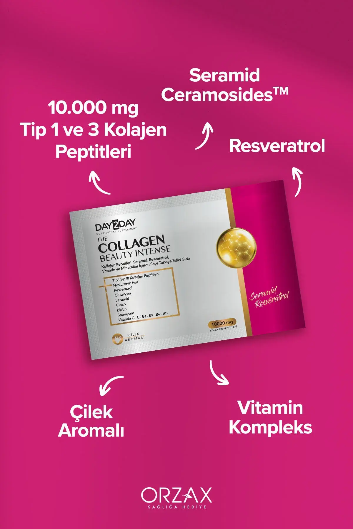 DAY2DAY THE COLLAGEN BEAUTY INTENSE KOLLAJEN PEPTITLERI VE VITAMIN KOMPLEKS ICEREN CILEK AROMALI TAKVIYE EDICI GIDA 10000 mg 30x12 g saşe